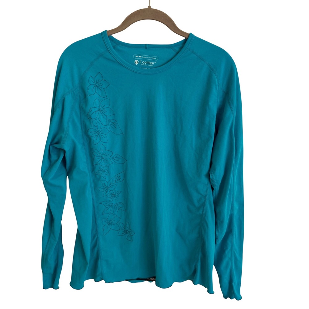 Coolibar Womens XL Teal Blue UPF 50+ Long Sleeve Floral Sun Shirt UV Protection